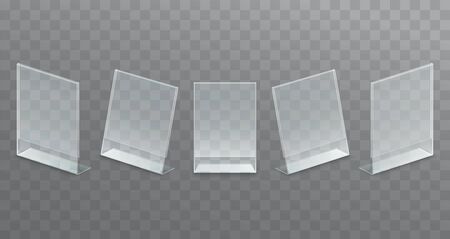 Plastic desktop transparent advertising stand, paper holder. Set of mock up stands, menu.のイラスト素材