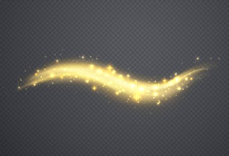 Golden spark of dust with stars. Sparkling magic wave, Christmas glittering light effect.のイラスト素材
