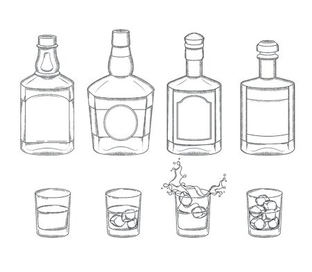 Set of whiskey bottles and glasses with a drink and ice cubes. Engraving vintage alcoholic bar menu elements.のイラスト素材
