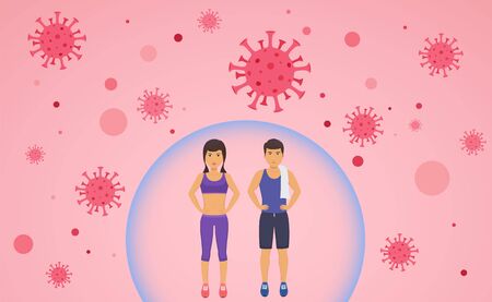 Sports man and woman reflects bacteria. Protecting immune system from bad bacteria. Barrier against viruses.のイラスト素材