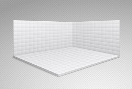 Empty exhibition hall stand with white tiles on the walls and floor. Trading room, presentation conference hall.のイラスト素材