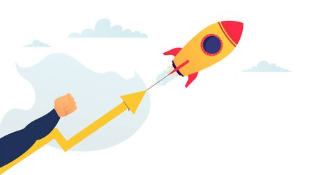 Business project start up, way up to achieving the goal. Businessman in a superhero costume, up arrow with rocket, career growth to success.のイラスト素材