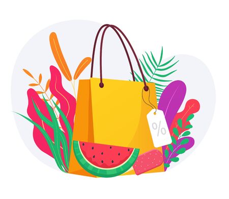 Seasonal sale banner discount template. Advertising coupon with package for purchases and vegetation. Special promotional holiday offer for seasonal design.のイラスト素材