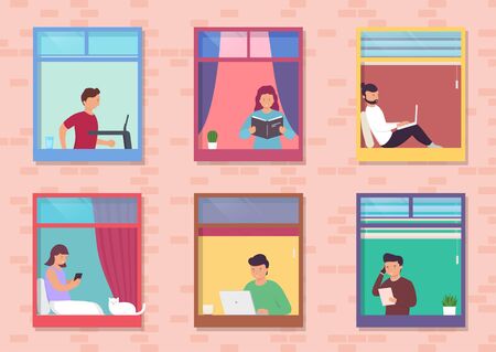People in windows house look out of room or apartment, work on  laptop, talk on phone, read books, running on treadmill. Concept people sit at home, working, studying and rest.のイラスト素材