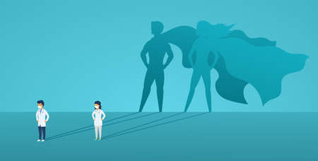 Doctors woman and man with big shadow superhero. Heroes hospital staff in mask and protective suit, medical staff.のイラスト素材