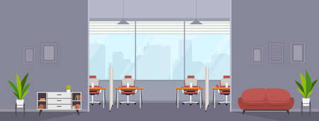 Empty modern office interior open co-working creative space with separate workplaces and hallway. Shared work environment with desktop, modern monitors, interior furnishings, large windows with city views.のイラスト素材