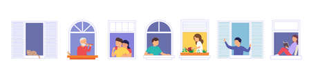 House facade with open windows and people. Different people look out window, read books, communicate with neighbors, play trumpet, water flowers. Concept people sit at home, study and relax.のイラスト素材