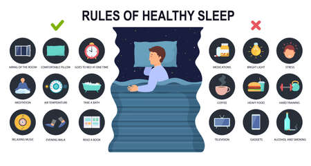 Rules of healthy sleep and causes insomnia. Man sleeping on side in bed. Concept and recommendations for good sleep.のイラスト素材
