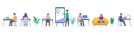 Office employees work at home, coworking space, work process. Young men and women working on laptops and computers, online communication and presentation.のイラスト素材