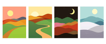 Mountains hills with sunset, sunrise, night. Abstract minimalistic landscape nature backgrounds in...