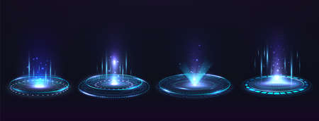 Portal with hologram elements. Futuristic high tech circle virtual reality projector. Set of podiums...