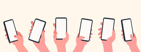 Holding phone in hands. Set of hands with blank smartphone screen. Communication and social media...