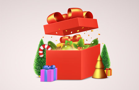 Open red gift box with decorative Christmas items, New Year's balls, red cane candy, shiny golden confetti, pine fir lush tree. Holiday winter composition, greeting card, poster, banner.のイラスト素材