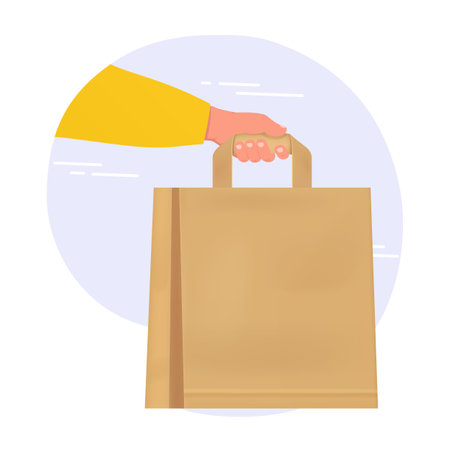 Hand with paper bag, safe and clean food delivery from restaurant store to home. Delivery concept.のイラスト素材