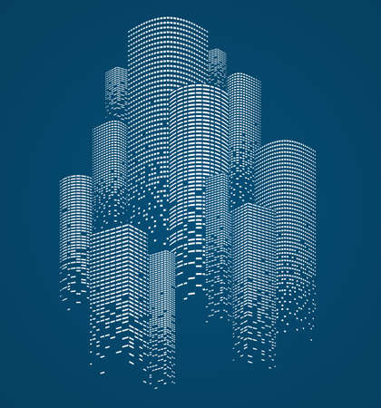 Skyscrapers buildings concept. Silhouette modern business city, wireframe linear design.のイラスト素材