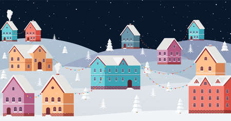 Winter cityscape at night with snow falling on New Year's eve. Snowy city among snowdrifts and Christmas trees with festive garlands.のイラスト素材