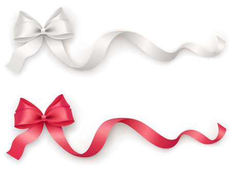 Decorative red, white bow with long ribbon on a white background. Holiday decoration design element for packaging, gift box, postcard, banner.のイラスト素材