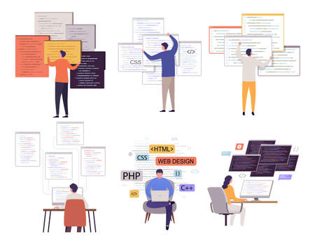 Programmer working on web development with many open programm windows. Set of programmers men and...