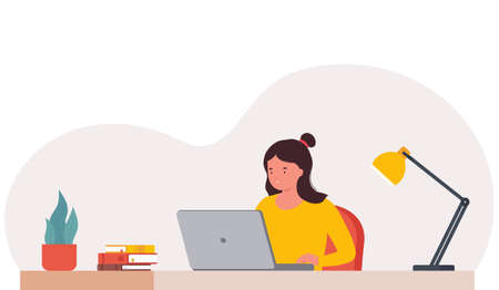 Woman in business activity sitting on chair working on laptop online. Student to study at computer, write journal.のイラスト素材