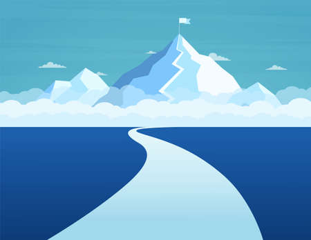 Business path to success to the top. Concept achieving goals, route climbing top mountain. Mountain journey route with flag to peak.のイラスト素材
