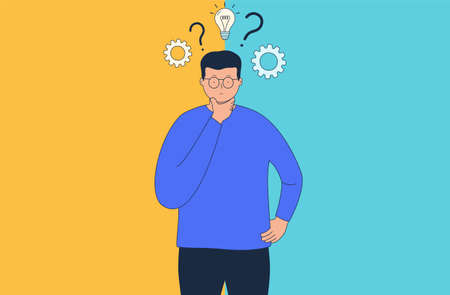 Concept of thinking and choice, thoughtfulness and problem solving. Man chooses between two options.