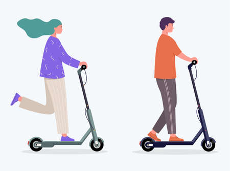 Woman and man rides an electric scooter. Concept modern lifestyle with electric transport, rental service.のイラスト素材