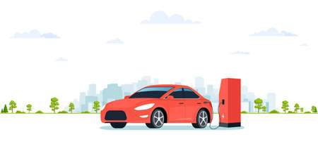 Electric car at charging station on background city. Ecologic transport based on renewable energy sources.のイラスト素材