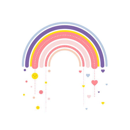 Rainbow with hearts and smiles in childish style on white background.のイラスト素材