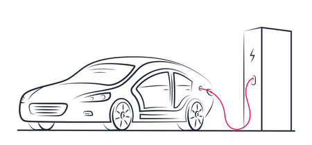 Electric car at charging station with connected cable on white background. Electric car concept.のイラスト素材