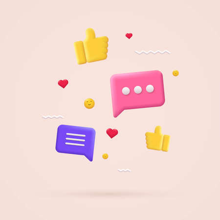 3D Social media technology, concept of online applications, icons for social networks, speech bubbles, thumbs up, emoji, heart.のイラスト素材