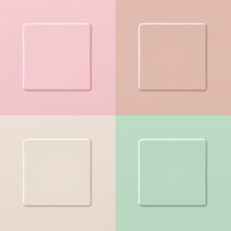 Set of square shapes of cosmetic product, pink, beige, green, top view.のイラスト素材