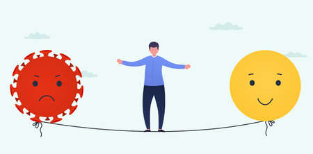 Emotional balance, wellness and poor health. Man on thin line keeps balance between an unstable...
