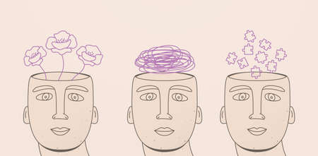 Concept mental health, positive thinking, confusion of thoughts. Human head surrounded by thoughts.