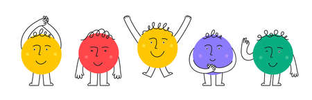 Set of cute colorful characters with facial expressions. Cartoon faces circles with arms and legs.のイラスト素材