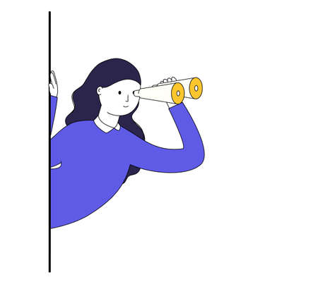 Woman with binoculars looking into the future. Concept of vision, search for goal, research and observation.のイラスト素材