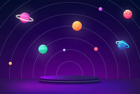 Scene podium with different planets of space. Futuristic concept virtual reality on background of...