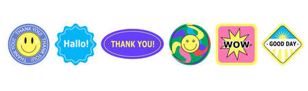 Set of various funny stickers with phrases and words, smiles. Cartoon stamps labels on white background.のイラスト素材