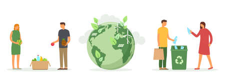 Planet earth with renewable energy, recycling plastic garbage in trash can, people and vegan food....