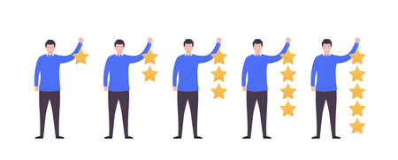 People giving stars from 1 to 5, rating high and low. Concept of product or service reviews, customer feedback evaluation.のイラスト素材