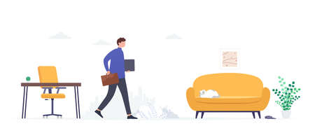 Concept choosing work remotely from home, office. Businessman in office clothes works both at home and in office. Self-employment, freelancing, maximum productivity work results.のイラスト素材