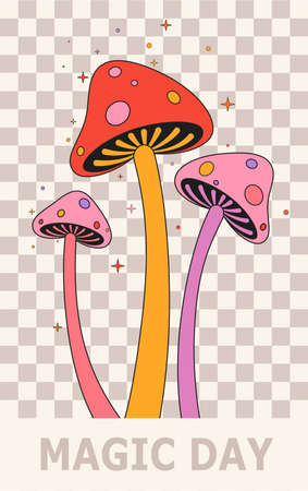 Cartoon magic mushrooms in retro design. Children's comic graphics surreal fairy tale style.のイラスト素材