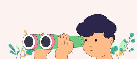 Man in hands holds binoculars looking into distance. Concept of observation, discovery, vision and business development, growth and opportunity.のイラスト素材