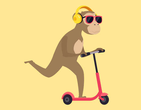 Monkey rides scooter in glasses and headphones while listening to music.のイラスト素材