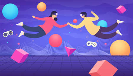 People in virtual reality glasses with game controllers connected to the virtual space. Technology concept of digital world, metaverse.のイラスト素材