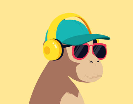 Monkey listens to music with headphones. Avatar of chimpanzee in cap and glasses.のイラスト素材