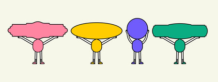 Funny characters with advertising frames in hands. Cartoon space creatures on white background.のイラスト素材