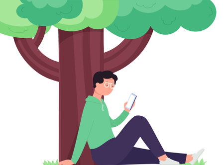 Man with smartphone sits under tree. Girl using smartphone to study online, makes purchases, outdoor recreation.のイラスト素材