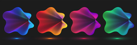 Wavy glowing neon shapes with lines. Abstract dynamic colored icons on black background.のイラスト素材