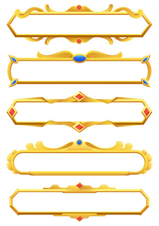 Empty gold ui frames with gems. Set of game frames in medieval and modern style.のイラスト素材