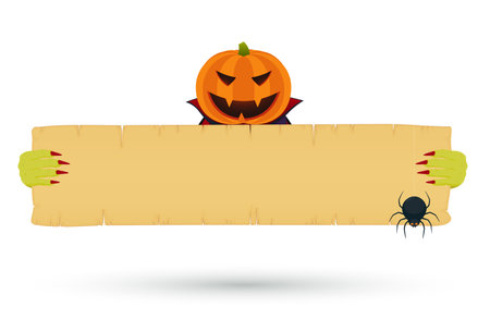Halloween banner with vampire hands and pumpkin on head. Monstar hands holding blank paper signboard, poster for events, invitations, parties.のイラスト素材